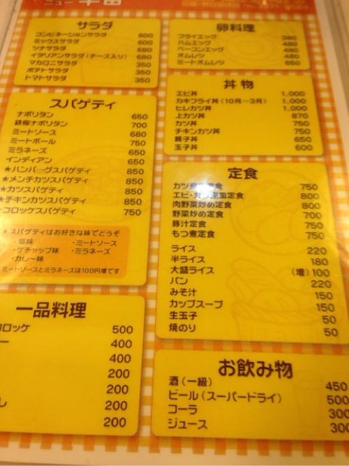 キッチンニュー早苗のメニュー裏